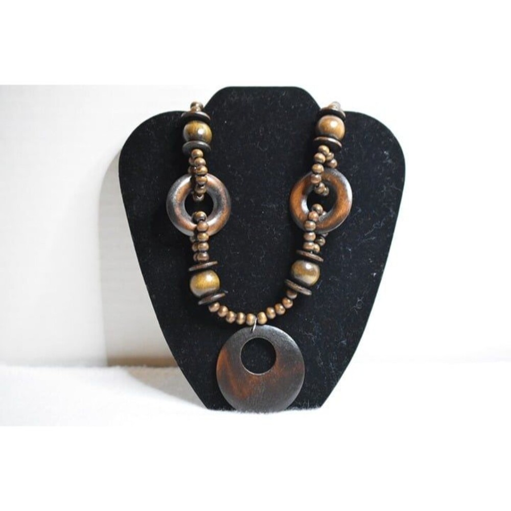 Boho Chunky Wooden Statement 34 Inch Pendant Necklace